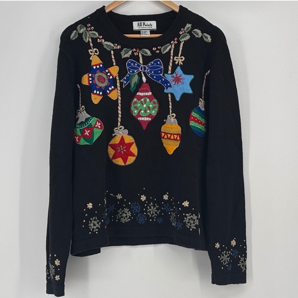 All Points Reference Point Women Sweater XL Black Christmas Ornament Embroidery